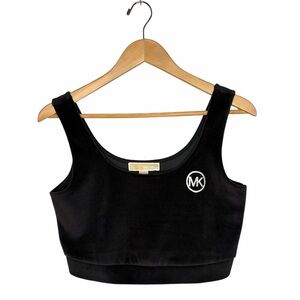 NWT Michael Kors Black Velour Logo Cropped Luxury Athleisure Tank Top | Large